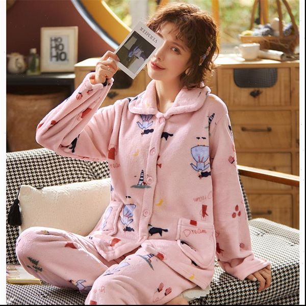

pajama sets pyjamas thick womens sleepwears flannel warm full trousers cute animal female homewear, Black;red
