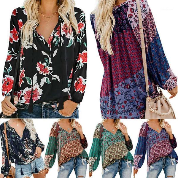 

boho t s-2xl floral v-neck oversize sleeve long women blouse lantern shirt women's blouses & shirts, White