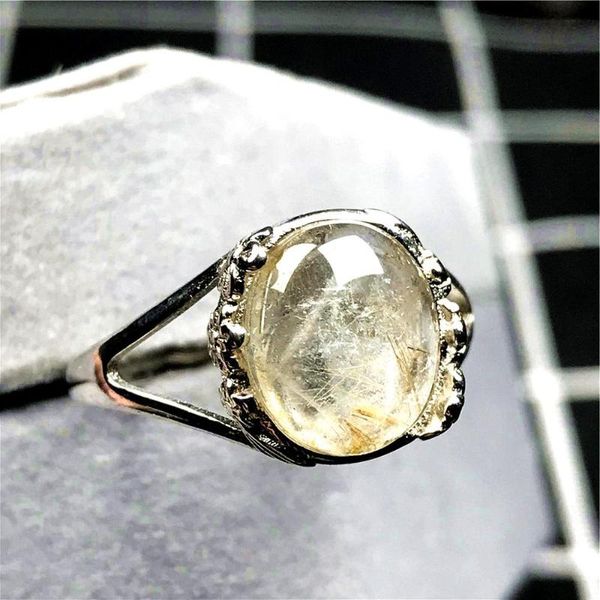 

cluster rings 12mm natural gold rutilated quartz ring jewelry for woman lady man crystal round beads silver gemstone adjustable, Golden;silver