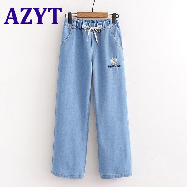 

spring autumn drawstring high waist women jeans 2021 korean loose flower embroidery straight pant's denim women's, Blue