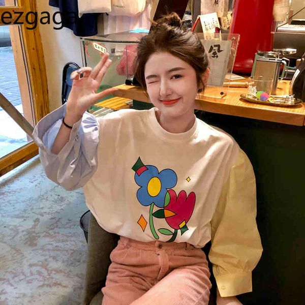 

ezgaga korean contrast flower patchwork puff sleeve t shirts women loose all-match o-neck sweet students tshirts fashion 210430, White