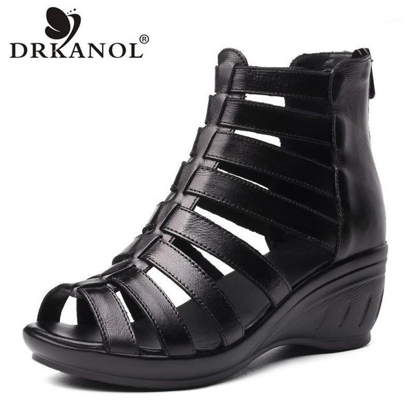 

dress shoes drkanol 2021 women gladiator sandals cutout genuine cow leather wedge summer high heels zapatos mujer1, Black
