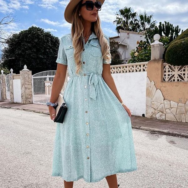 

casual boho beach fashion womens dress single breasted belt slim print for women elegant ladies short sleeve, Black;gray