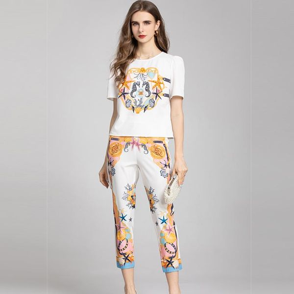 

women's two piece pants 2021 designer summer fashion set women white printed blouse+high waist suits