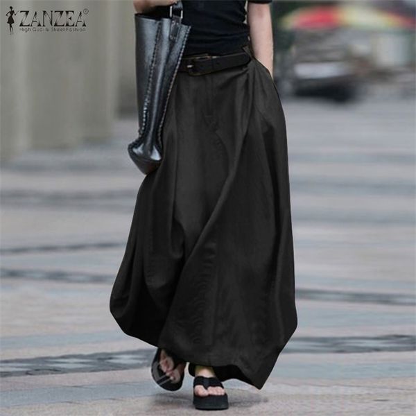 

elegant cotton maxi skirts womens spring sundress zanzea summer elastic waist long vestidos female button robe plus size, Black;gray