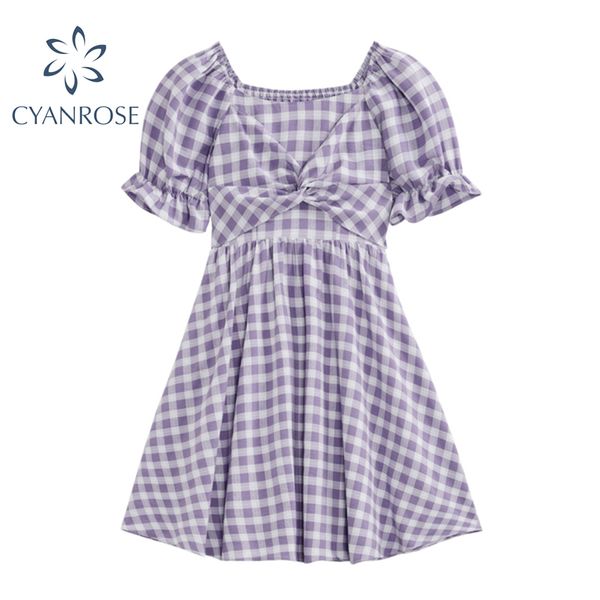 Doce roxo xadrez colheita vestido mulheres elástico vintage bownot elegante mori menina coreano vestidos verão estilo formal vestidos 210417