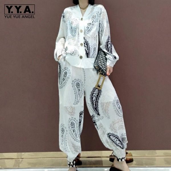 

women summer fashion loose printing harem pants set streetwear cardigan jacket casual trousers two piece female white black women's tra, Gray