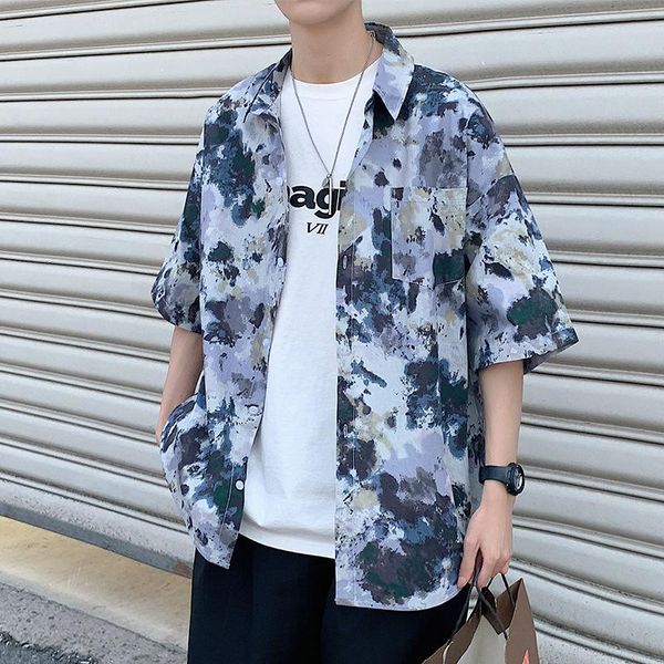 

men's casual shirts #2452 summer short sleeve in man plus size loose blousers male cotton tie dyeing streetwear vintage men, White;black