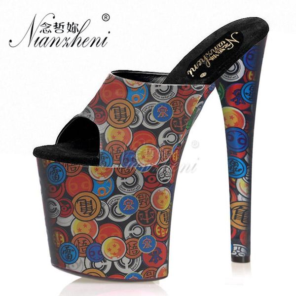 

super stiletto heels platform shallow cartoon pattern 8 inch party props fetish stripper women slippers leather pad, Black