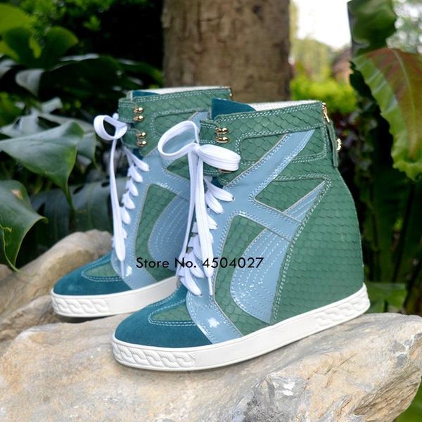 

boots patchwork women ankle lace up round toe ladies snake print mixed color shoes female height increasing casual footwear, Black