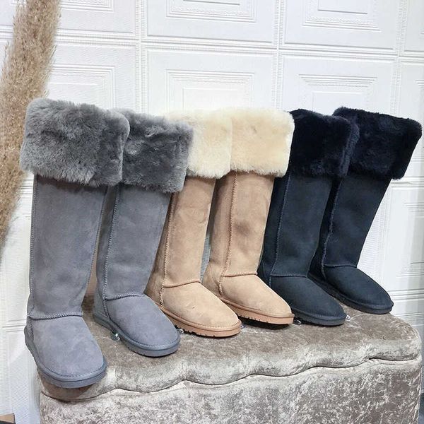 

new sheepskin wool integrated knee high women's warm and anti-skid snow cotton mesh red boots in winter, Black