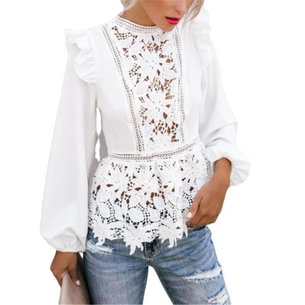 

women's blouses & shirts women long sleeve blouse with ruffle, floral hollow out o-neck shirt, solid color for spring, autumn, White