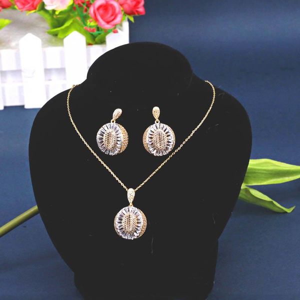 

earrings & necklace dazz 2pcs fashion round 2 color cubic zirconia pendant jewelry sets women dubai bridal party accessories gifts, Silver