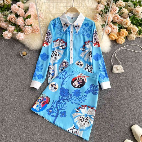 

summer 2 pieces suits cartoon printed long sleeve shirts + high waist blue mini skirts women two piece set 210416, White