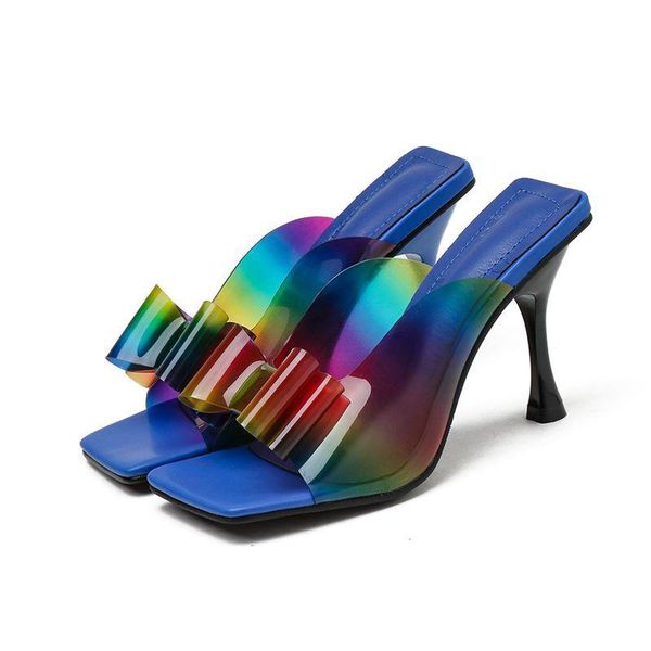

fashion transparent women shoes bowknot slippers high heels square toes mules pvc jelly ladies open toe, Black