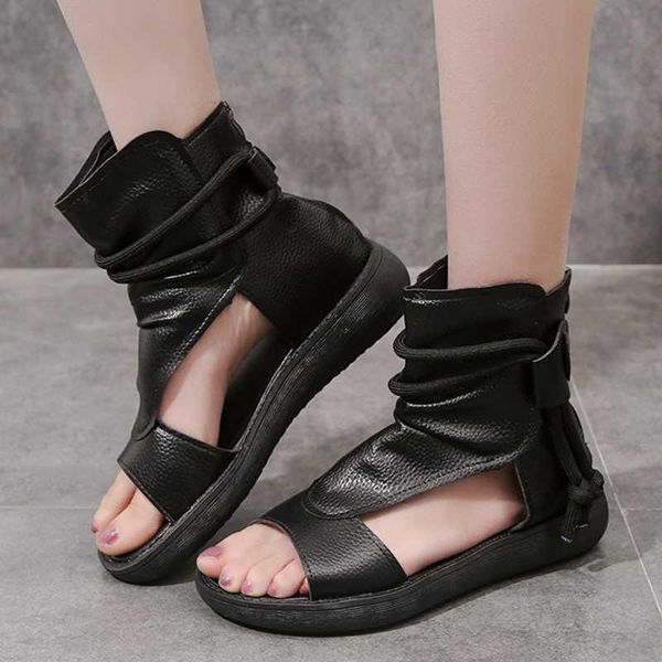 

sandals vintage pu leather rome women summer fashion british style open toe ankle boots woman platform outdoor sandalas, Black