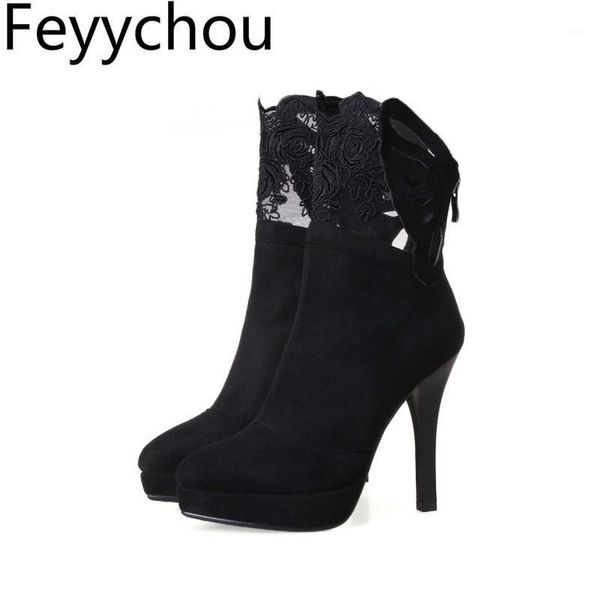 

boots women autumn winter super high heel pointed toe zip ankle flock platform fashion butterfly-knot 2021 black1, Black