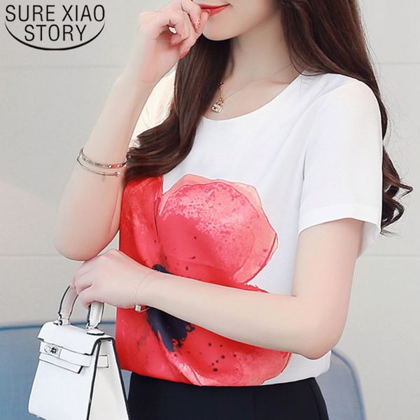 Мода женские топы рубашки белый шифон с коротким рукавом рубашка цветочные O-шеи для женщин 4128 50 210415