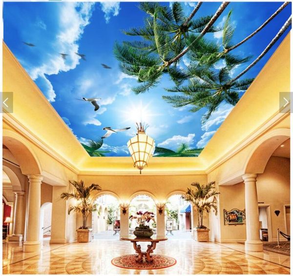 

wallpapers 3d ceiling murals wallpaper custom po blue sky and white clouds palm trees sunshine living room wall