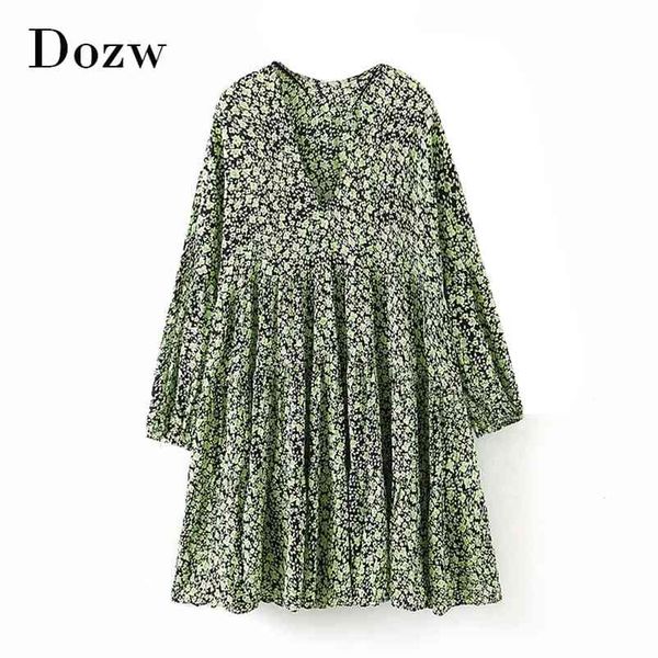 

v neck loose floral print dress women lantern long sleeve casual pleated es holiday beach mini female basic sundress 210515, Black;gray