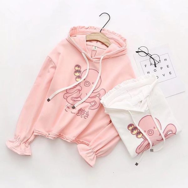 

women's hoodies & sweatshirts female spring cute little printing sweatshirt girl student butterfly sleeve hooded college style shirt v, Black