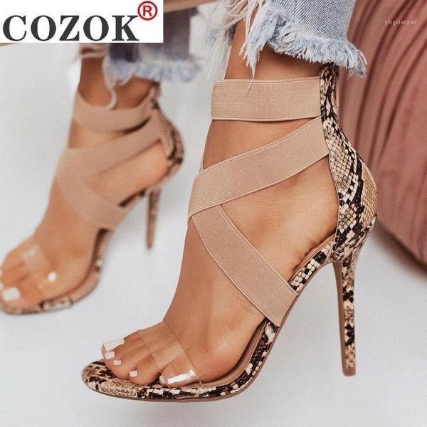 

sandals 2021 summer fashion snake pattern elastic strap heel women pvc transparent stiletto cross1, Black