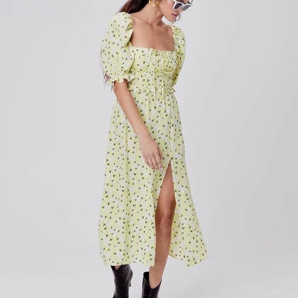 

casual dresses sqaure collar 2021 floral print ruffled slit midi dress women puff sleeve vintage backless high split straps female, Black;gray