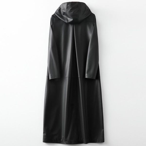 

women's leather & faux 2021 simple and long autumn term hooded windbreaker coat korean casual wear, Black