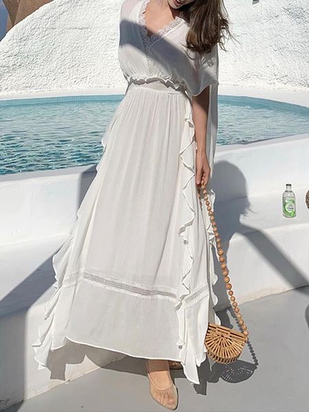 

party dresses white embroidery backless beach dress women 2021 summer flounced edge loose fairy v-neck bohemian chiffon long, White;black