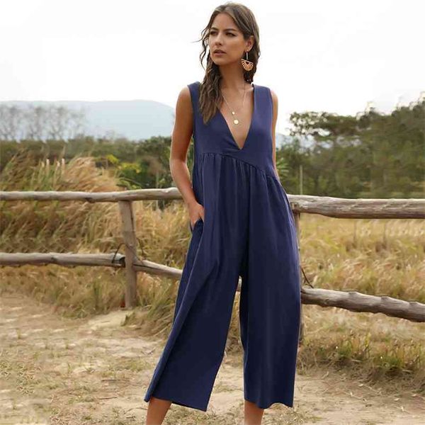 Feminino V Pescoço Jumpsuit Casual Mulheres Verão Plissado Cintura Alta Solta Bolso Sem Mangas Pé largo Macacão Sólido Long Macacões 210522