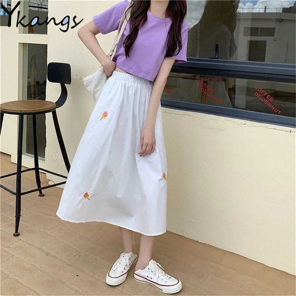 

flower embroideried long skirts women sweet simple pink basic chic ins fashion college girl all-match loose hrajuku teens street 210619, Black