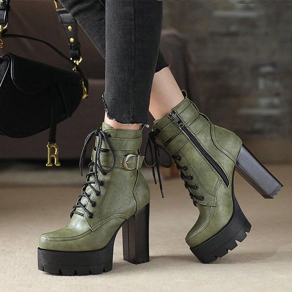 

boots fashion platform women square high heel ankle booties lace up zipper motorcycle autumn winter plush ladies shoes, Black