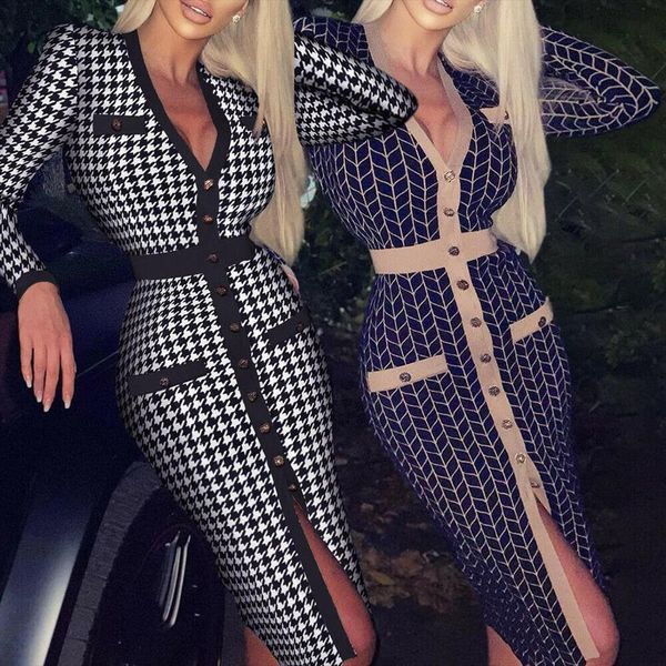 

bodycon sheath fashion office women dresses houndstooth graphic print elegant club spring dress vestidos, Black;gray