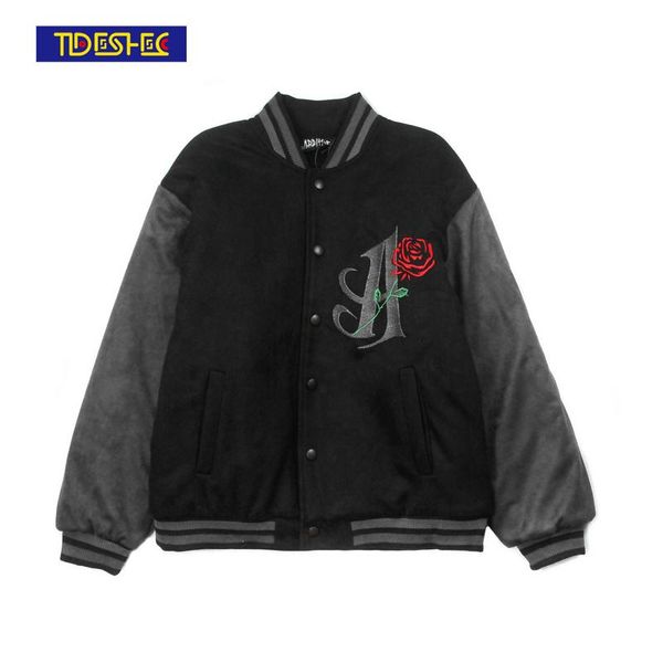 

men's jackets hip hop streetwear rose flower designer embroidery casual coat couple bomber jacket men harajuku cotton outwear mens, Black;brown