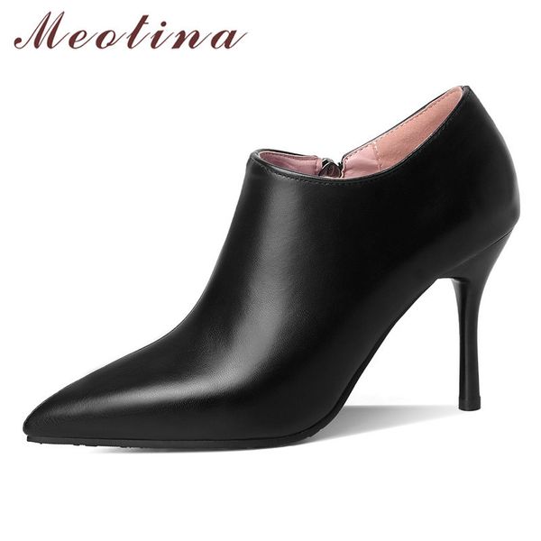 

meotina short boots women shoes pointed toe thin heels ankle boots ladies zipper super high heel female footwear autumn white 45 210520, Black