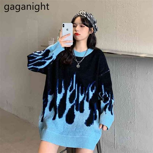 

harajuku women flame sweaters autumn winter korean pullover cool loose o-neck long sleeve warm pull femme 210601, White
