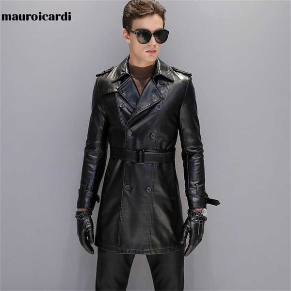 Mauroicardi Autunno Nero Faux Leather Trench Uomo Manica Lunga Cintura Doppio Petto Marrone Plus Size Abbigliamento Uomo 4xl 5xl 211110