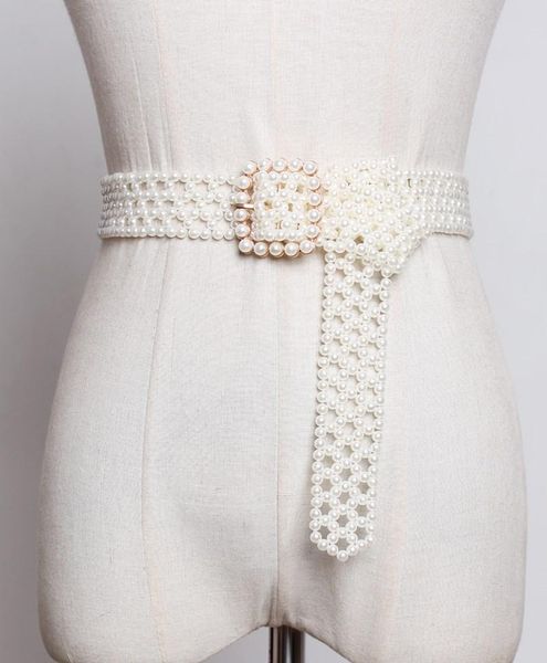 

belts 2021 handmade pearl beading waist belt women weaving wide buckle pin waistband jean summer dress decoration, Black;brown