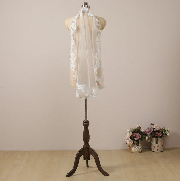 

bridal veils short mantilla veil with lace and pearls wedding fingertip beaded trim one tier ivory elbow, Black