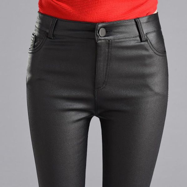 

women's pants & capris plus size spring winter black women pu leather warm velvet high waist skinny stretch pencil for trousers 2021, Black;white