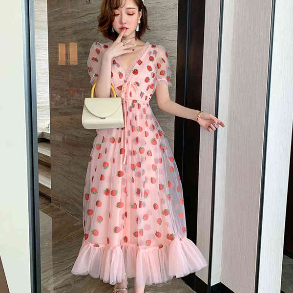 

casual dresses summer runway drill strawberry women sweet long flare sleeve v-neck empire lace-up sheer mesh holiday pink lady, Black;gray