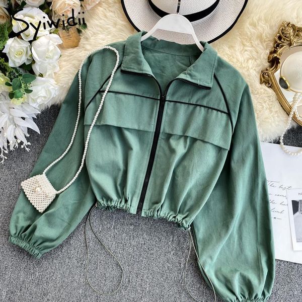 

women's jackets syiwidii 2021 fall puff sleeve turn-down collar zipper casual drawstring short outerwear green yellow black, Black;brown