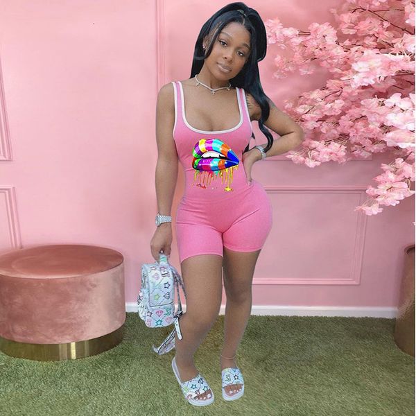 

kricesseen summer print lip playsuit fashion women ny one piece romper overalls female short jumpsuit, Black;white