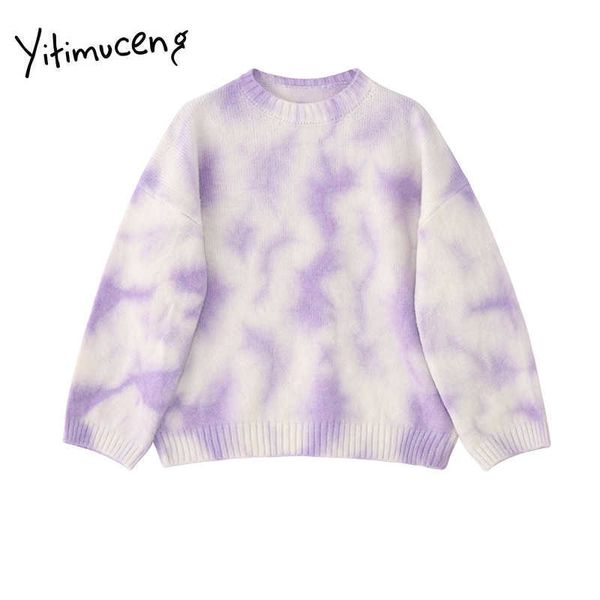 

yitimuceng print sweaters fall women clothing purple o-neck batwing sleeve pullovers knit korean japanese fashion 210601, White