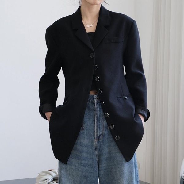 

women's suits & blazers spring and autumn casual solid color single-breasted pocket decoration long jacket, White;black