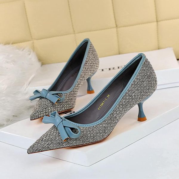 

fashion women's high heels wine glasses and woven shallow pointed color matching bows joker shoes for women dress, Black