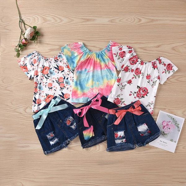 

summer clothes set fashion toddler kid baby girl leopard print t shirt denim patchwork shorts outfits 2pcs clothing sets, White