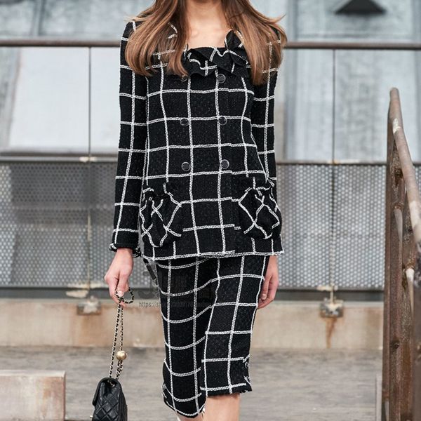 

pants coats and jackets women autumn winter runway designer double breasted plaid tweed jacket kpop womens clothing, White