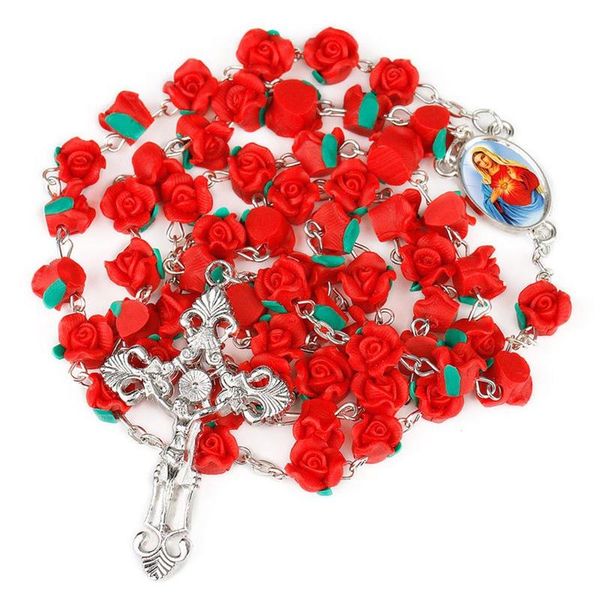 

chains arrival 8mm polymer clay rose beads rosary catholic necklace with holy soil medal crucifix prayer religious cross necklaces, Silver