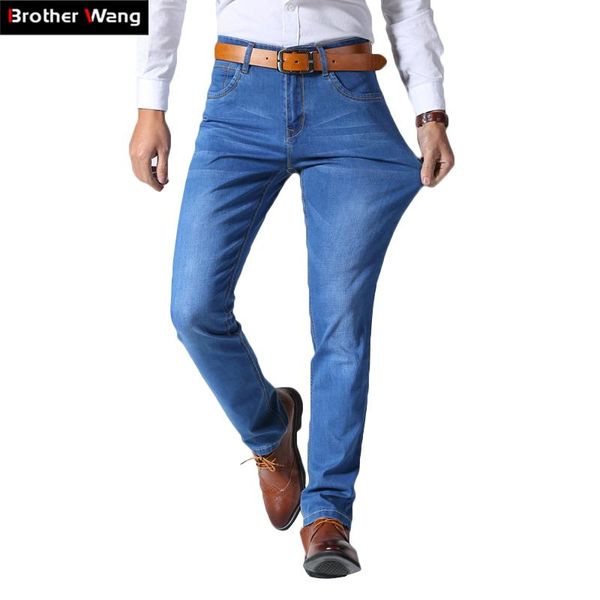 

men's jeans 2021 summer thin light business casual stretch slim denim blue trousers male brand pants plus size